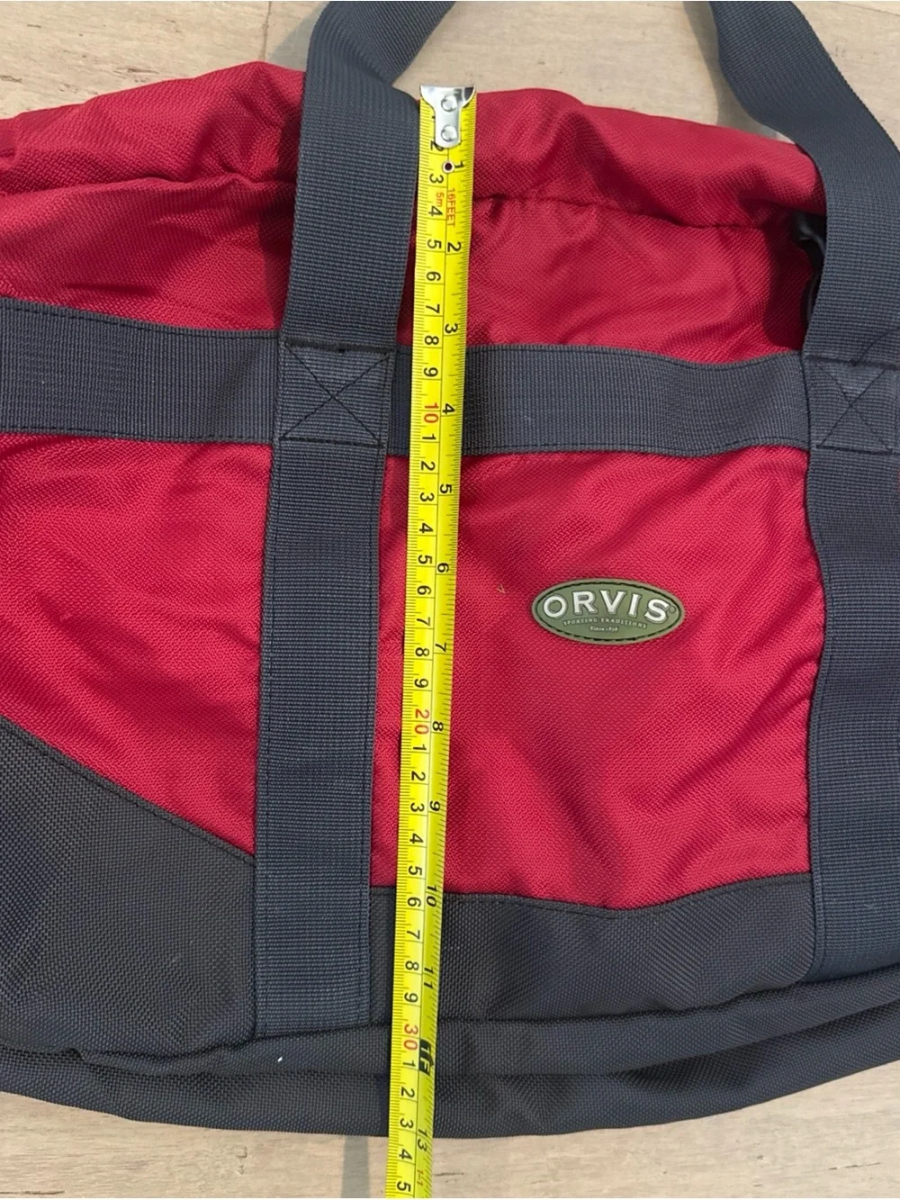 Orvis Red And Grey Nylon Duffle Weekend Travel Carry on Bag Shoulder Strap